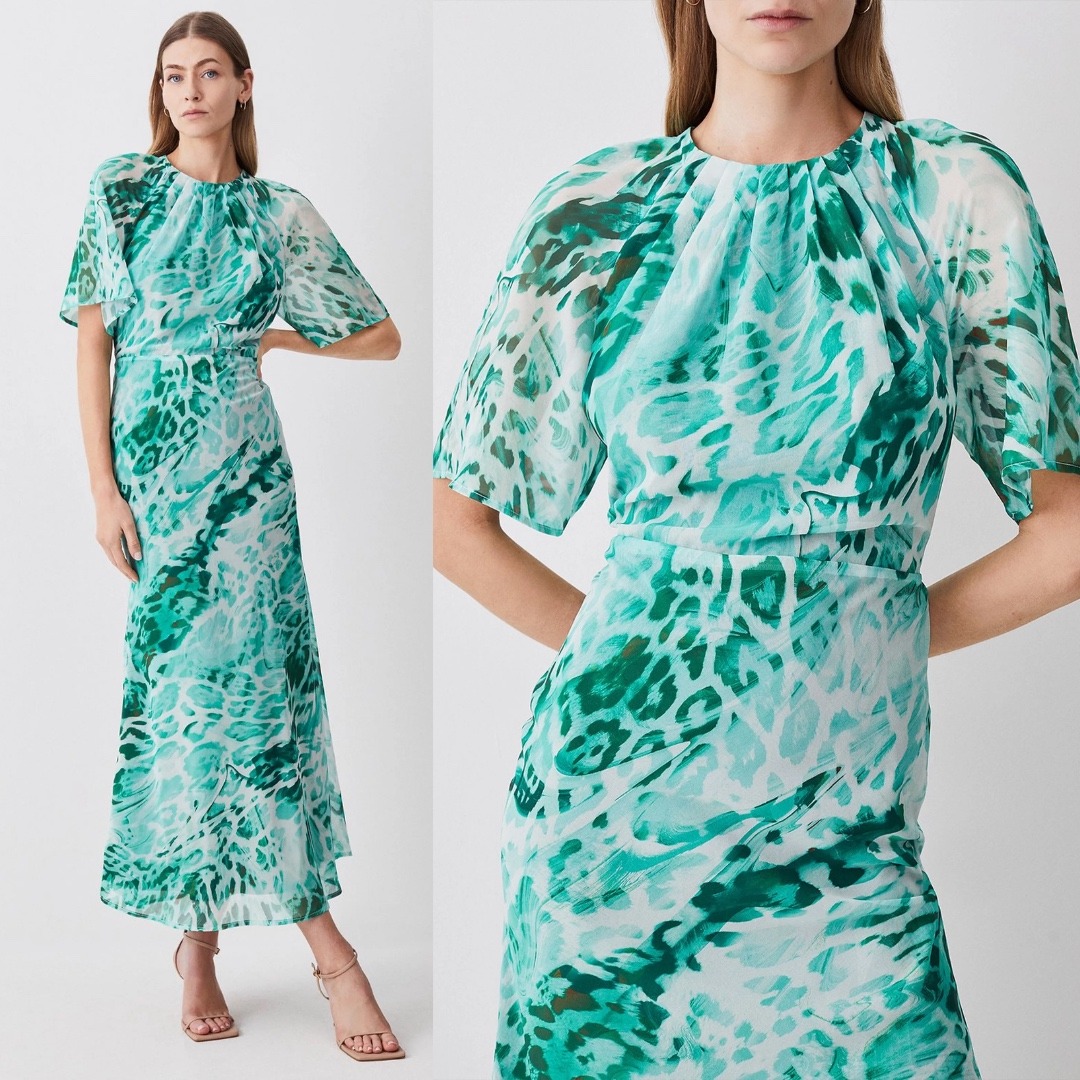 Karen Millen New Bright Green Animal Georgette Midi Dress - Women's Size 12
